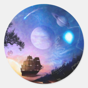 Sticker Rond Œuvre d'art sur l'exploration spatiale : vaisseau
