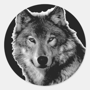 Sticker Rond Oeuvre de Loup noir et blanc