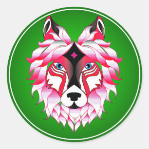Sticker Rond Oeuvre de tête de loup rose