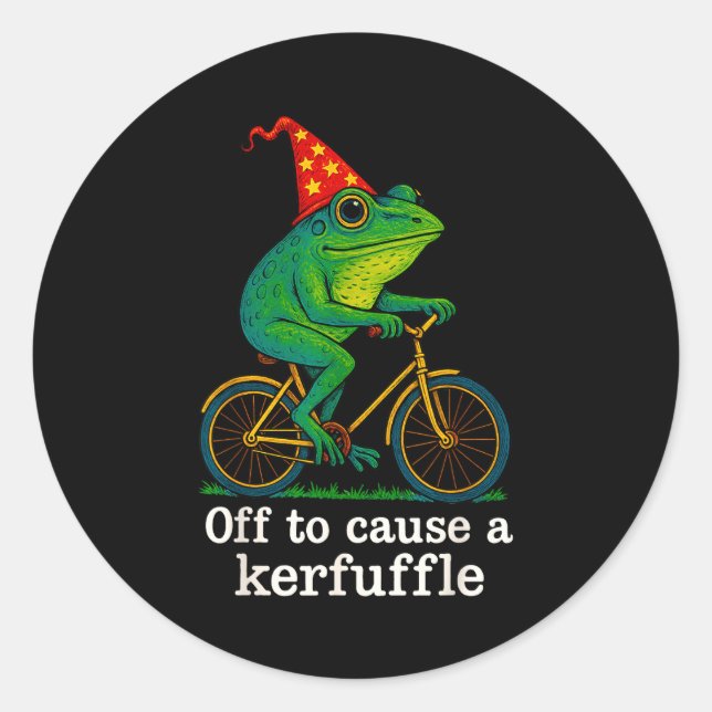 Sticker Rond Off To Cause A Kerfuffle Funny Frog Wizard Bicycle (Devant)
