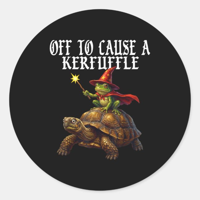 Sticker Rond Off To Cause A Kerfuffle Funny Whimsical Frog Wiza (Devant)
