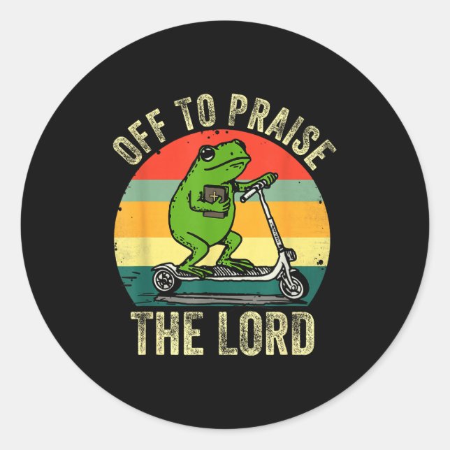 Sticker Rond Off To Praise The Lord Funny Frog Bible Study Jesu (Devant)