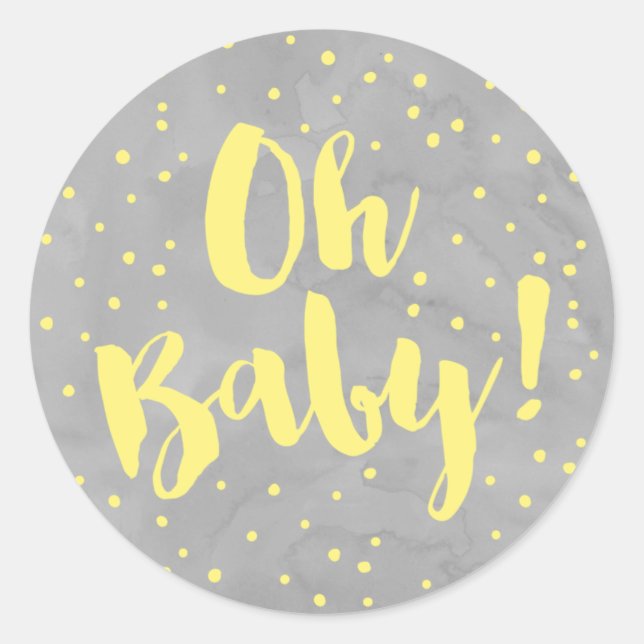 Sticker Rond Oh Baby Baby shower gris et jaune aquarelle (Devant)
