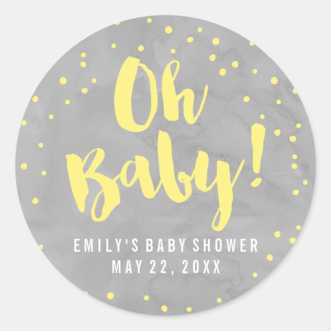Sticker Rond Oh Baby Baby shower gris et jaune aquarelle (Devant)