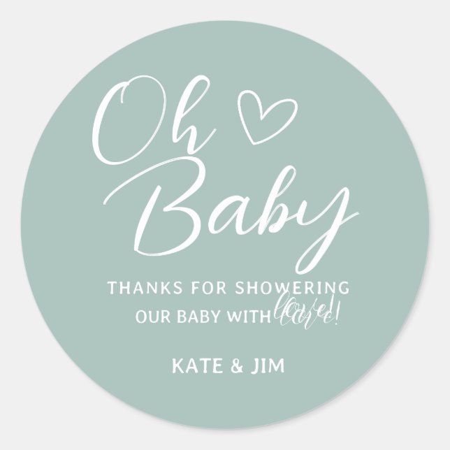 Sticker Rond Oh Baby Blue Sage Vert Baby shower Merci (Devant)