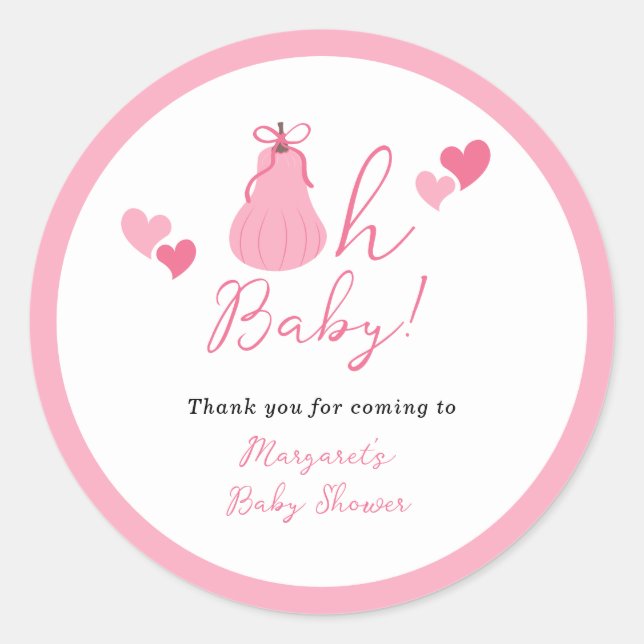 Sticker Rond Oh Baby Citrouille Bow Girl Baby shower Merci (Devant)