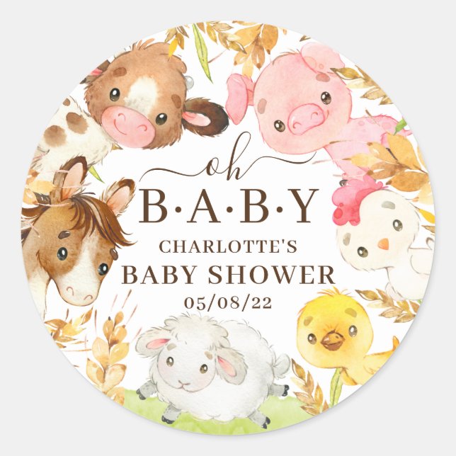 Sticker Rond Oh Baby Farm Animaux Baby shower Favoriser (Devant)
