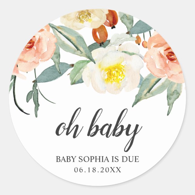 Sticker Rond Oh Baby Floral Pêche fille Baby shower Favoriser (Devant)