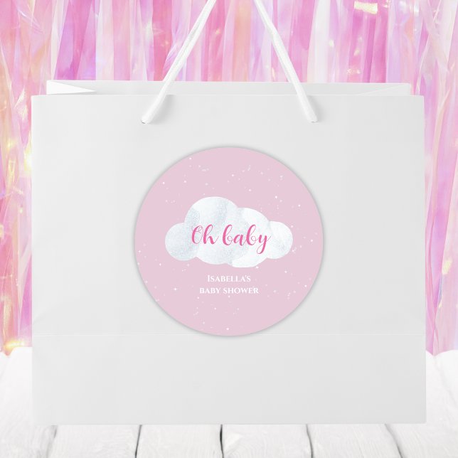 Sticker Rond Oh Baby Girl Pink Nuds Sky Stars Baby shower (oh baby clouds baby girl shower pink sky stars)