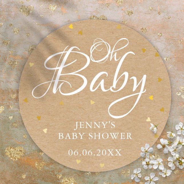 Sticker Rond Oh Baby Gold Love Hearts Rustic Kraft Baby shower (Oh Baby Gold Love Hearts Rustic Kraft Baby Shower Classic Round Sticker)