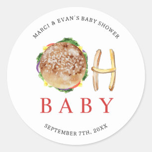 Sticker Rond Oh Baby Hamburger et Fries Co Ed Baby shower