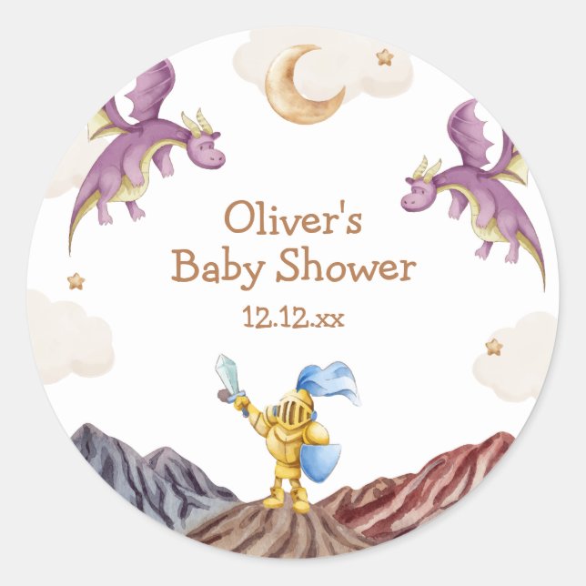 Sticker Rond Oh Baby Médiéval Fairytale Dragon Baby shower garç (Devant)