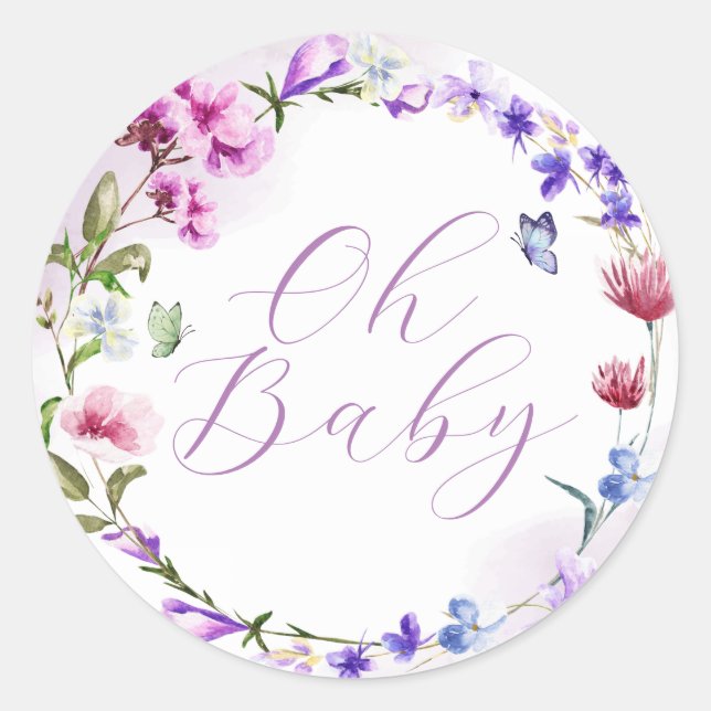Sticker Rond Oh Baby mignon Aquarelle Floral Boho Baby shower (Devant)