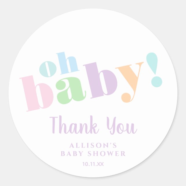 Sticker Rond Oh Baby Minimal Baby shower Pastel Merci (Devant)