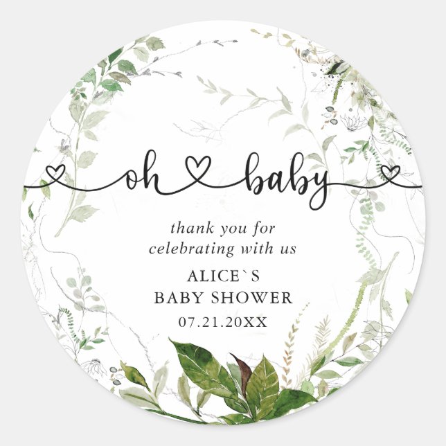 Sticker Rond Oh Baby Modern Green Baby shower Feuille Classique (Devant)