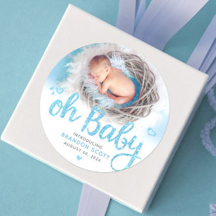 Sticker Rond Oh Baby Modern Sweet Boy Birth Photo Turquoise