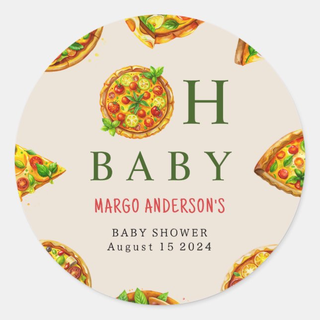 Sticker Rond Oh Baby Pizza Tomates Olivia Baby shower vert (Devant)