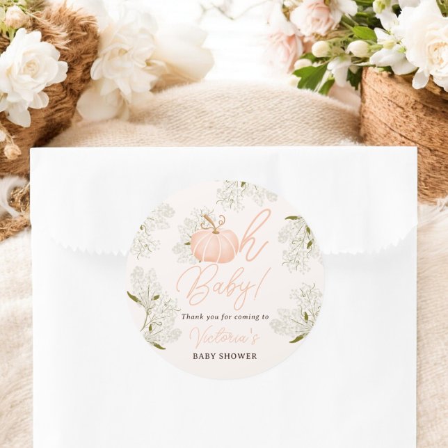 Sticker Rond Oh Baby rose citrouille floral merci baby shower (Oh Baby pink pumpkin floral thank you baby shower Classic Round Sticker)