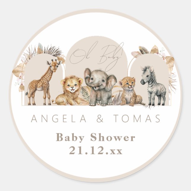 Sticker Rond Oh Baby Safari Animaux Boho Baby shower (Devant)
