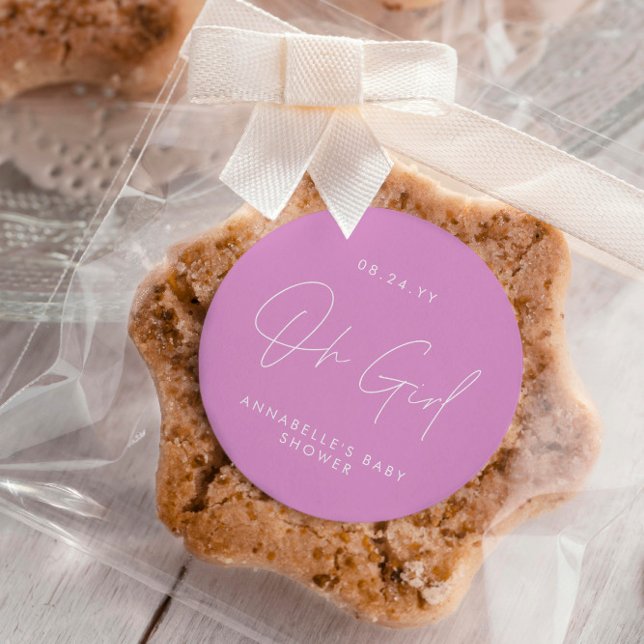 Sticker Rond oh Baby shower fille script cerise rose élégant (Créateur téléchargé)