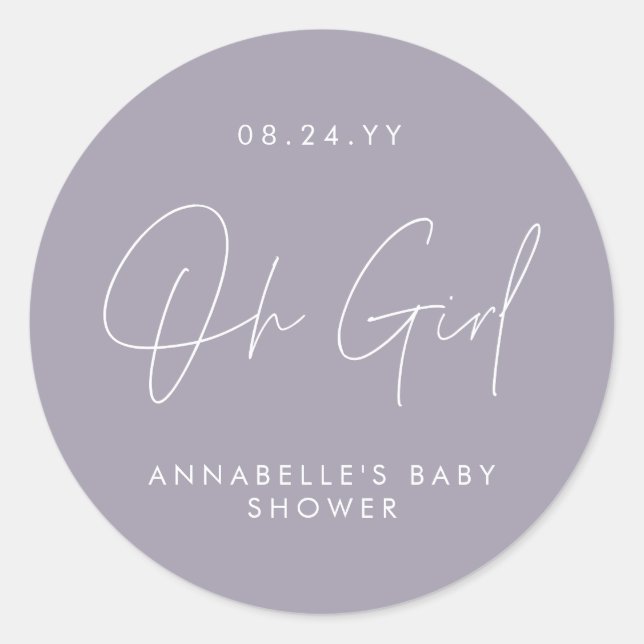 Sticker Rond oh Baby shower fille script violet lilas élégant (Devant)
