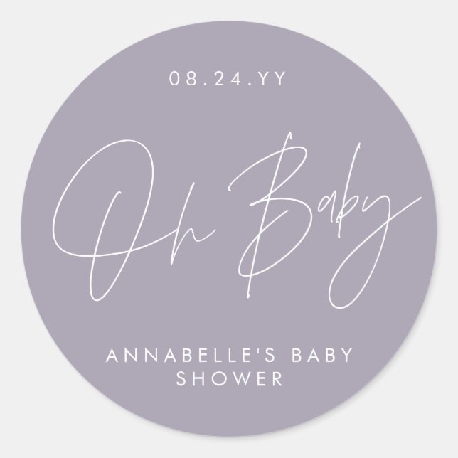 Sticker Rond Oh Baby shower script moderne lilas violet élégant (Devant)