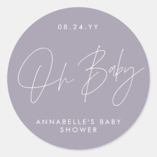 Sticker Rond Oh Baby shower script moderne lilas violet élégant