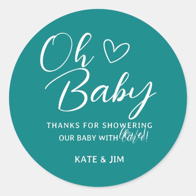 Sticker Rond Oh Baby Turquoise Genre Neutre Baby shower Merci (Devant)