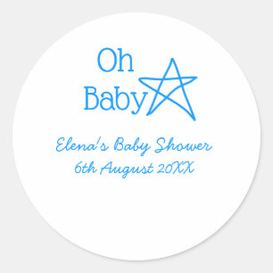 Sticker Rond Oh bébé bleu étoile baby shower ajouter nom passé