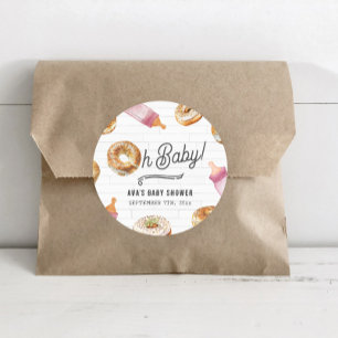 Sticker Rond Oh Bébé Bouteilles & Bagels Fille Baby shower Brun