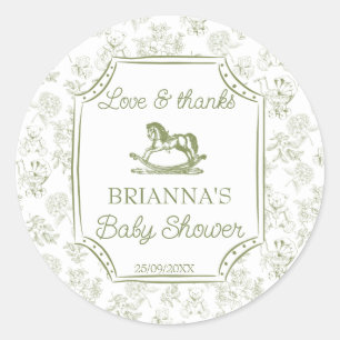 Sticker Rond Oh bébé cheval à bascule vert sauge baby shower