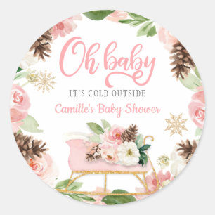 Sticker Rond Oh Bébé Favori de Baby Shower Fille Rose Hiver