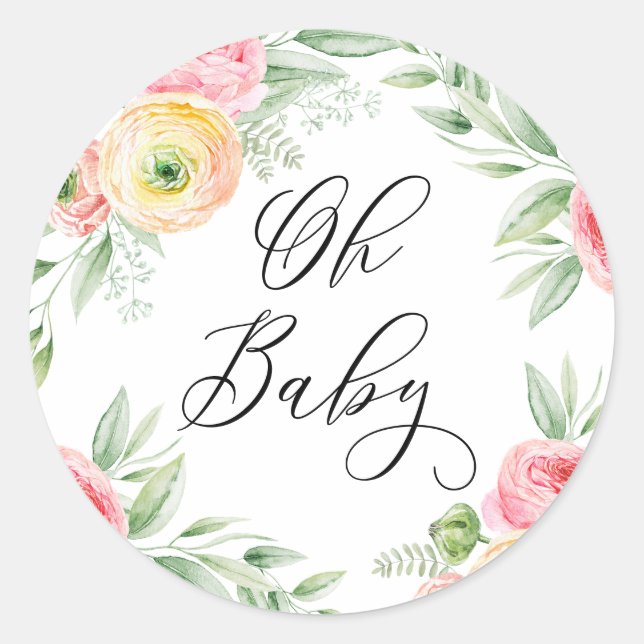 Sticker Rond Oh Bébé Fleurs de Ranunculus Aquarelle Baby Shower (Devant)