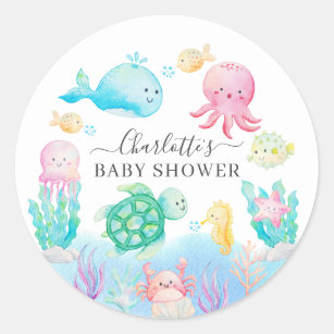 Sticker Rond Oh Bébé Sous Le Baby shower De Mer