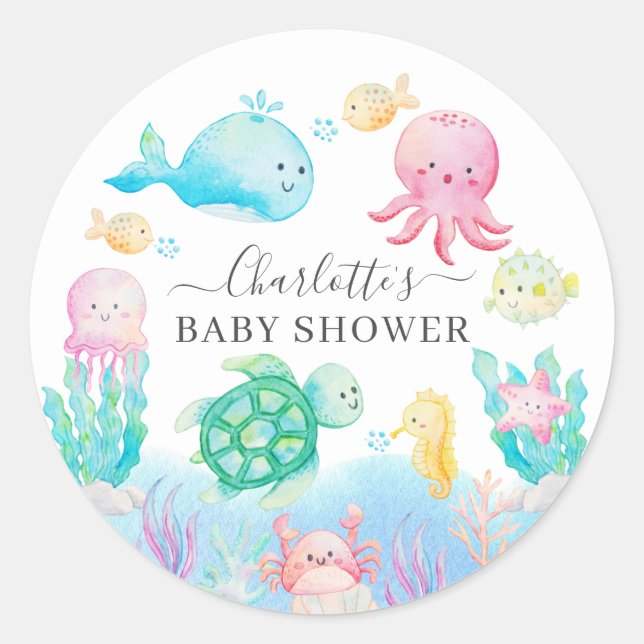 Sticker Rond Oh Bébé Sous Le Baby shower De Mer (Devant)
