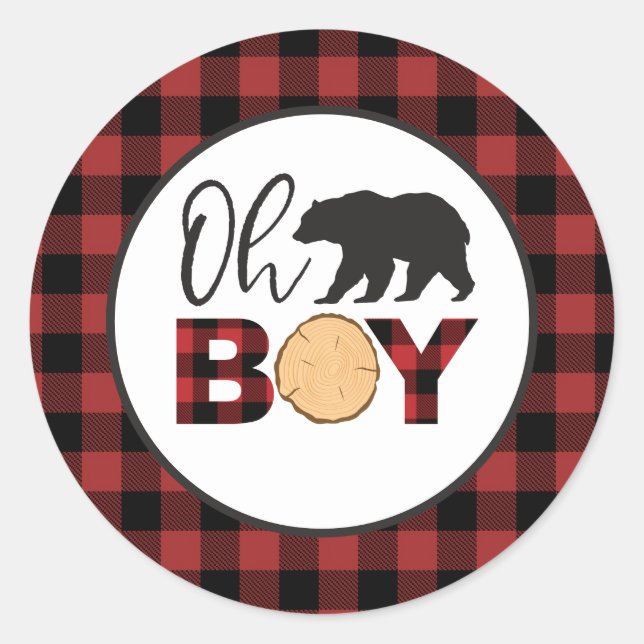 Sticker Rond Oh Boy Bear Buffalo Plaid Baby shower (Devant)