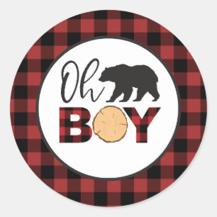 Sticker Rond Oh Boy Bear Buffalo Plaid Baby shower