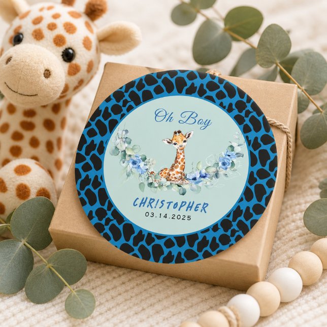 Sticker Rond Oh Boy! Bébé Girafe Fête de Naissance  (Oh Boy! Baby Giraffe Baby Shower Classic Round Sticker)