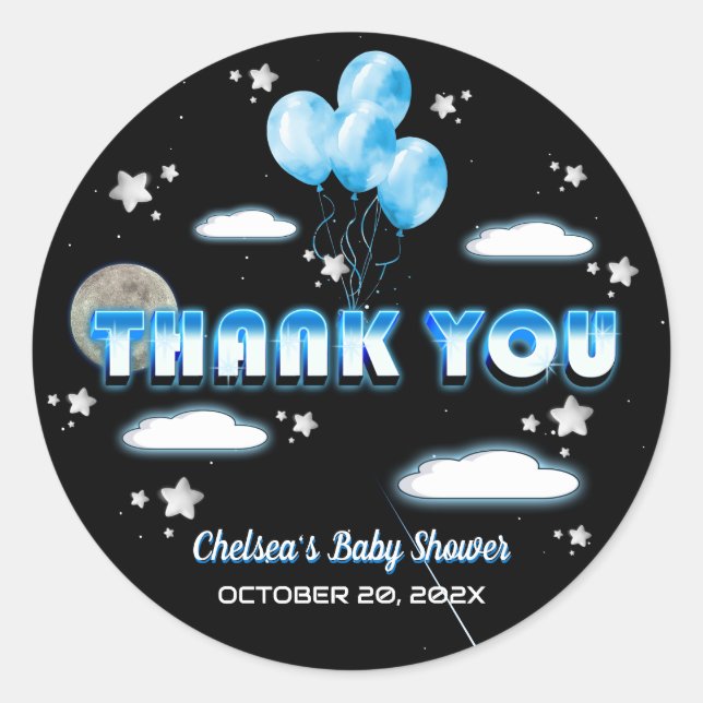 Sticker Rond Oh Boy Blue Balloons Galaxy Baby shower Merci (Devant)