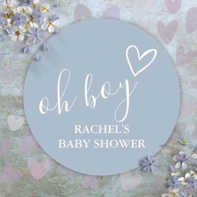 Sticker Rond Oh Boy Dusty Blue Baby Shower Cute Heart Thank You (Oh Boy Dusty Blue Baby Shower Cute Heart Thank You Classic Round Sticker)