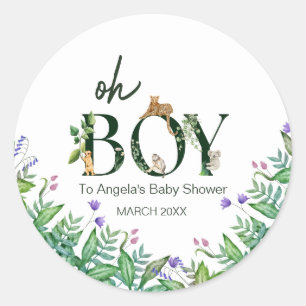 Sticker Rond Oh boy Safari Animal Jungle Baby shower blanc