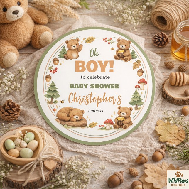Sticker Rond Oh Boy Watercolor Woodland Bear Baby Shower (Oh Boy Watercolor Woodland Bear Baby Shower Classic Round Sticker)