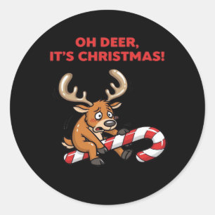 Sticker Rond Oh Cerf C'est Noël Renne Stressed Avec Des Sucreri