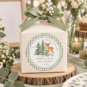 Sticker Rond Oh Cerf Sage Vert Gingham Baby Shower