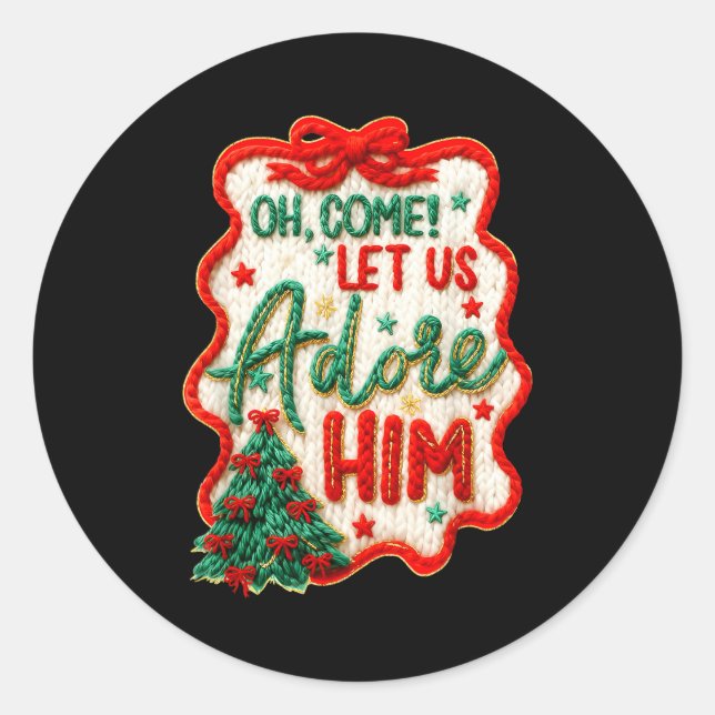 Sticker Rond Oh Come Let Us Adore Him Yarn Crochet Nativity Chr (Devant)