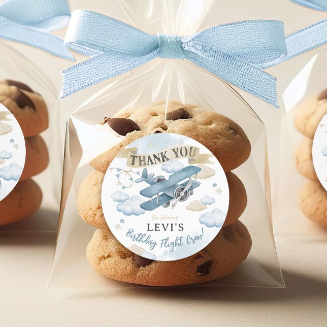 Sticker Rond Oh Comme le Temps Passe Avion Faveur de Fête d'Ann (How Time Flies neutral watercolor blue plane airplane boy birthday party thank you favor sticker)