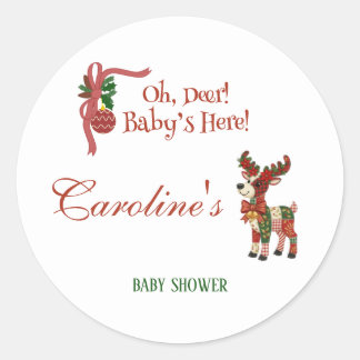 Sticker Rond Oh, Deer! Baby’s Here! – Christmas Baby Shower