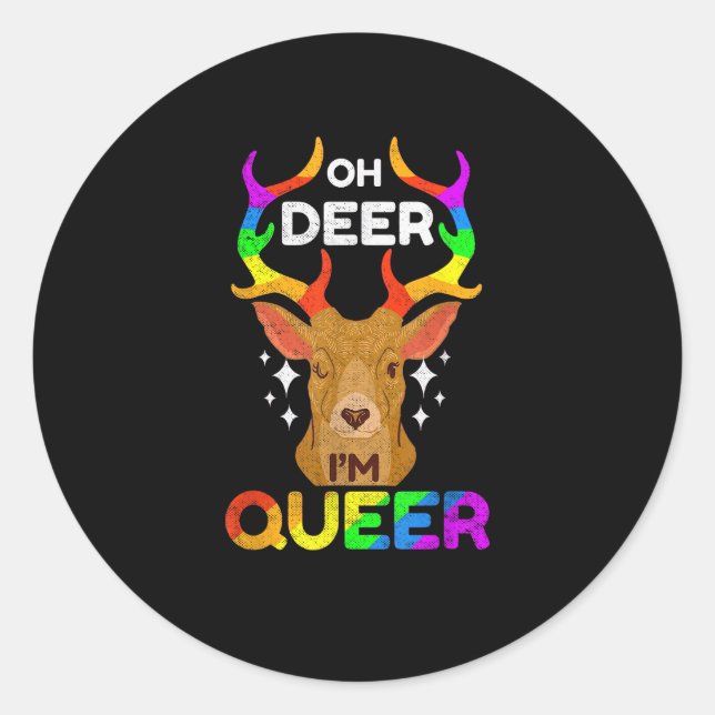 Sticker Rond Oh Deer Queer Funny LGBTQ Pride Awareness  (Devant)
