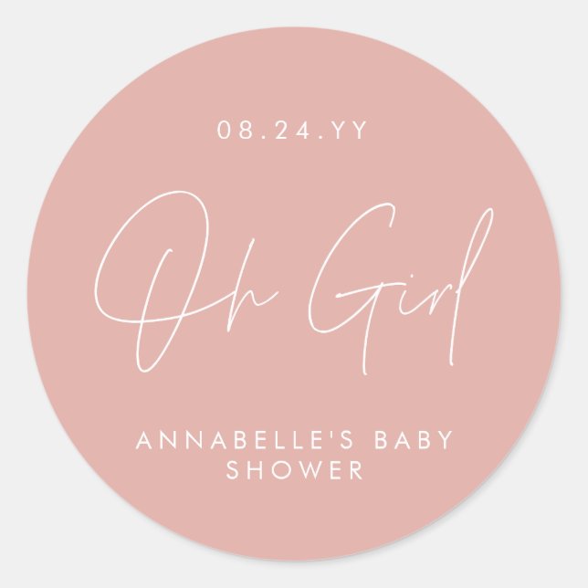 Sticker Rond oh fille Baby shower script rose élégant (Devant)