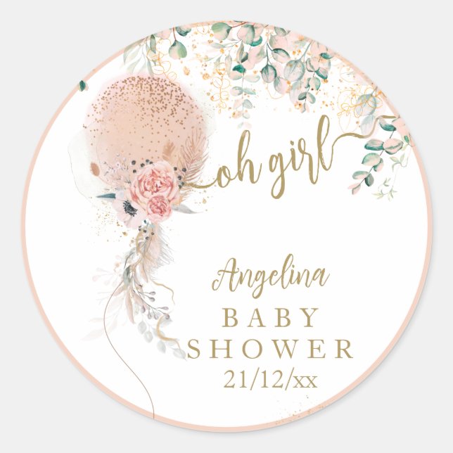 Sticker Rond Oh Fille Balloon rose Baby shower Floral Eucalyptu (Devant)